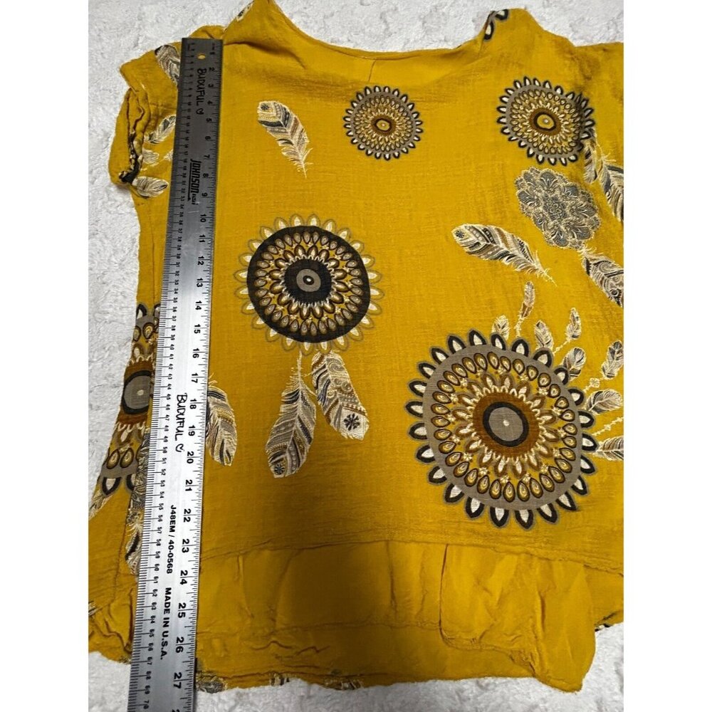 Made in Italy Women's Yellow Dream Catcher Print Short Dolman Sleeve Hi-Low Top - Picture 4 of 7